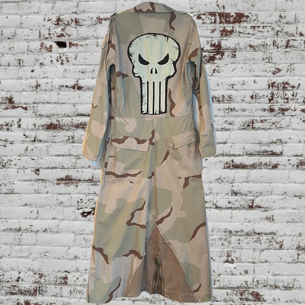 Upcycled punisher patched desert camouflage army flight/jump suit duster jacket